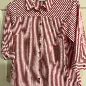 VTG/JOAN RIVERS STRIPED SEERSUCKER BUTTON UP SHIRT RED&WHITE M.42”C29”L